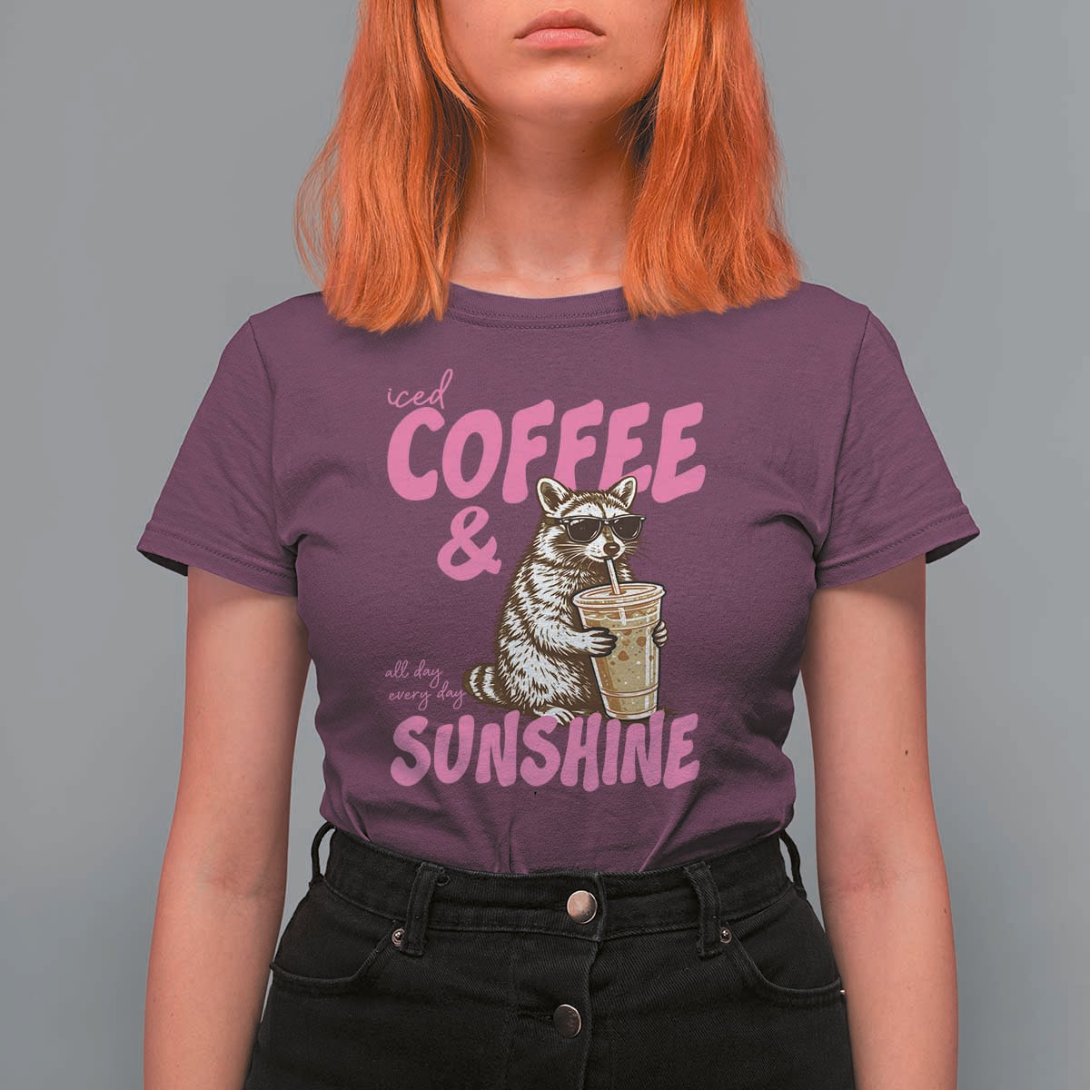 Iced Coffee and Sunshine T Shirt For Women Funny Raccoon Summer Coffee Lover Gift