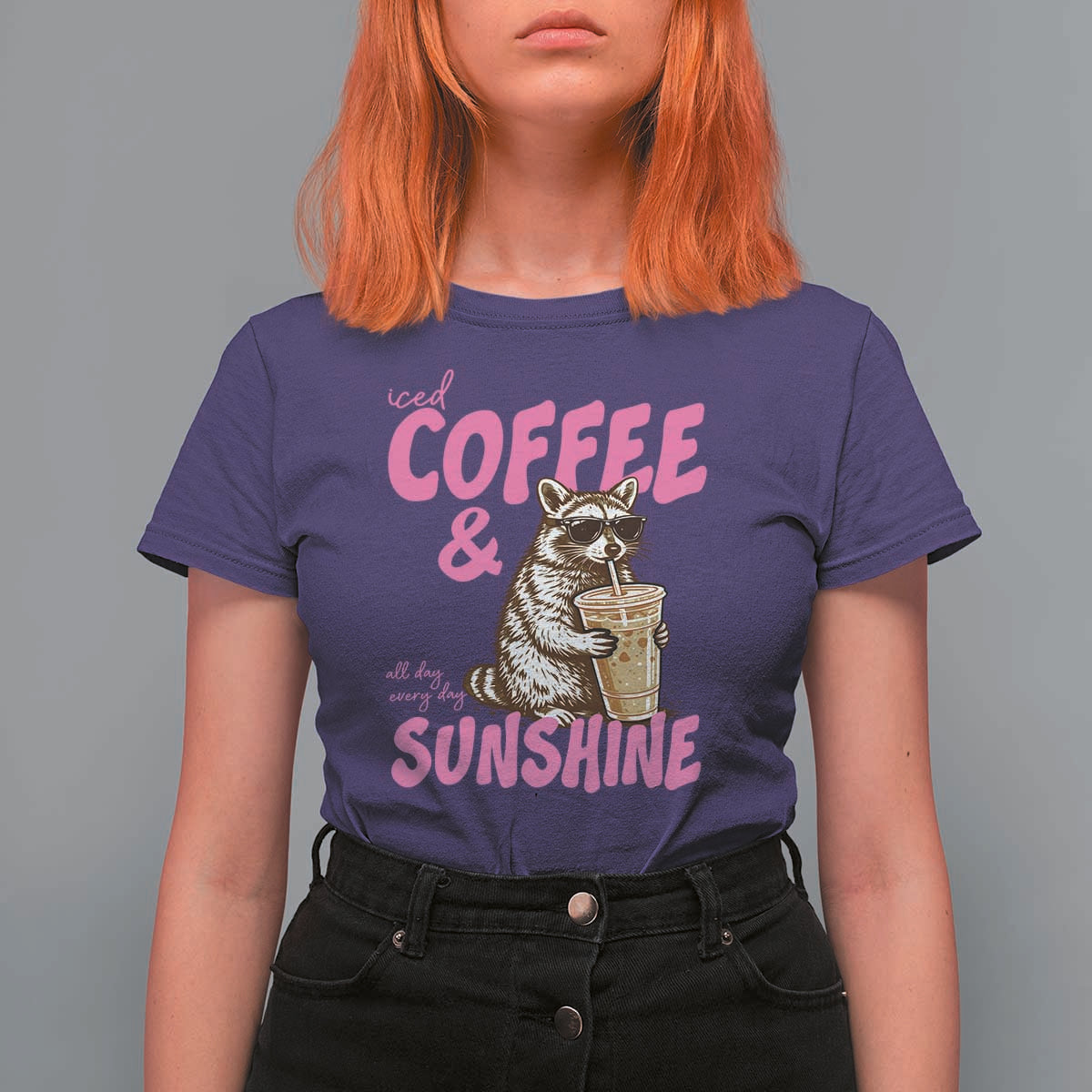 Iced Coffee and Sunshine T Shirt For Women Funny Raccoon Summer Coffee Lover Gift