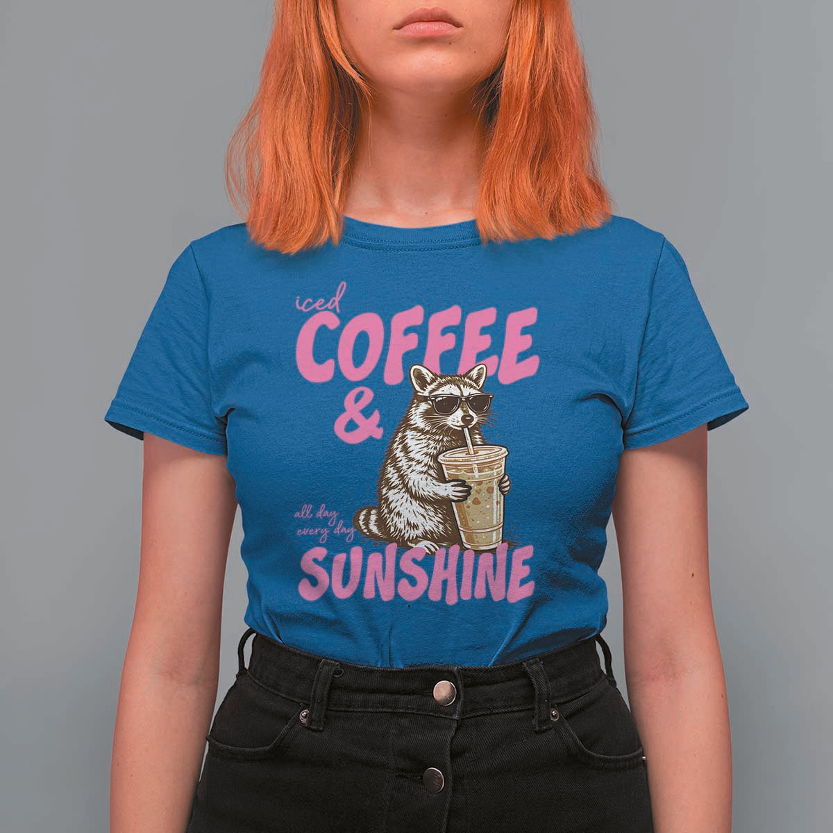 Iced Coffee and Sunshine T Shirt For Women Funny Raccoon Summer Coffee Lover Gift