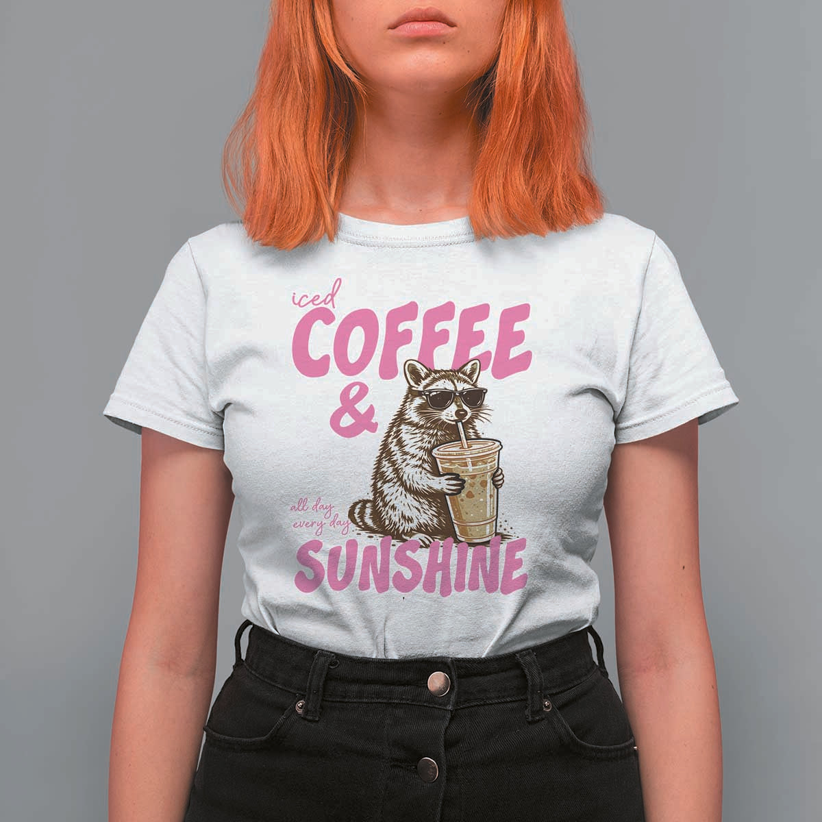 Iced Coffee and Sunshine T Shirt For Women Funny Raccoon Summer Coffee Lover Gift
