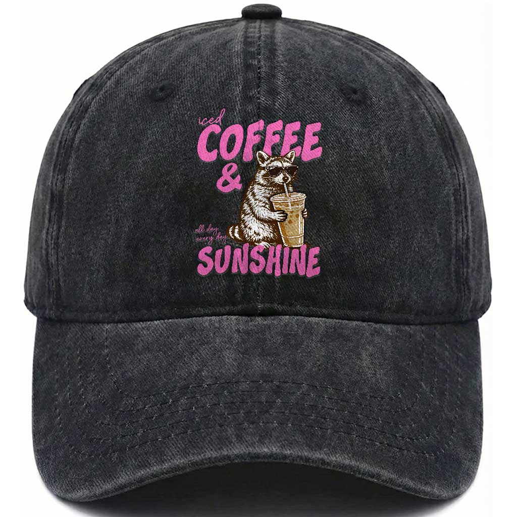 Iced Coffee and Sunshine Washed Cotton Baseball Cap Funny Raccoon Summer Coffee Lover Gift