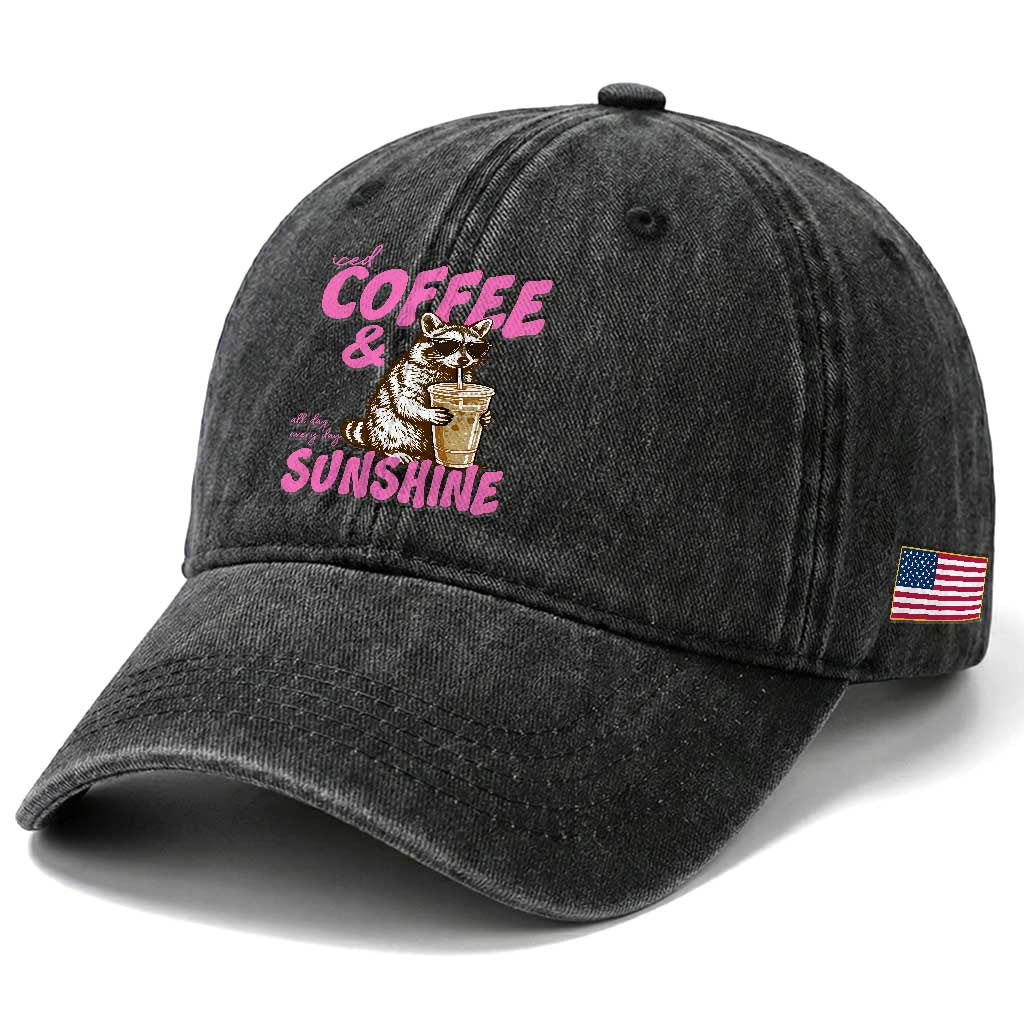 Iced Coffee and Sunshine Washed Cotton Baseball Cap Funny Raccoon Summer Coffee Lover Gift