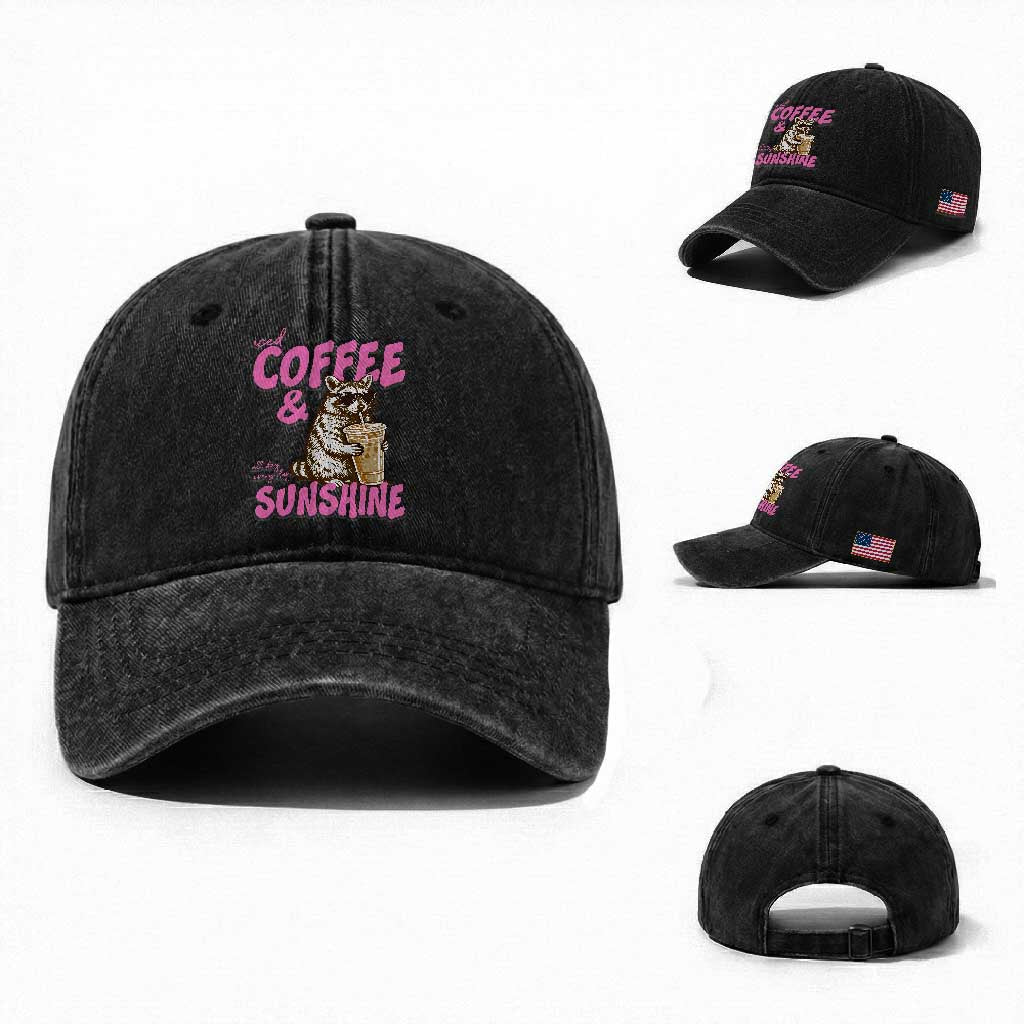 Iced Coffee and Sunshine Washed Cotton Baseball Cap Funny Raccoon Summer Coffee Lover Gift