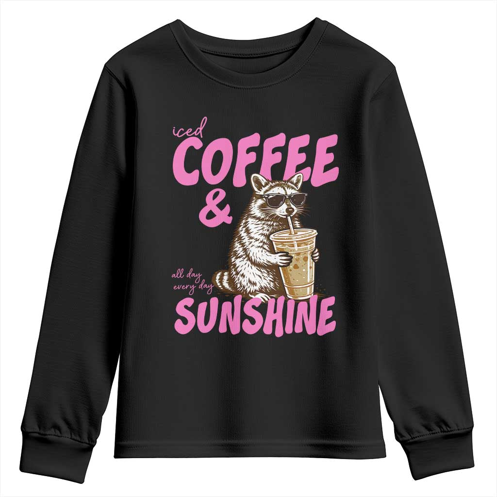Iced Coffee and Sunshine Youth Sweatshirt Funny Raccoon Summer Coffee Lover Gift