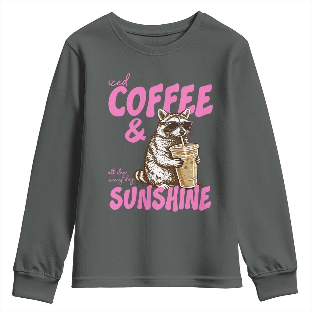 Iced Coffee and Sunshine Youth Sweatshirt Funny Raccoon Summer Coffee Lover Gift