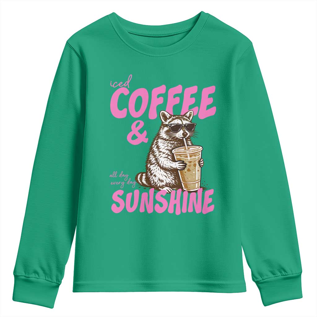 Iced Coffee and Sunshine Youth Sweatshirt Funny Raccoon Summer Coffee Lover Gift