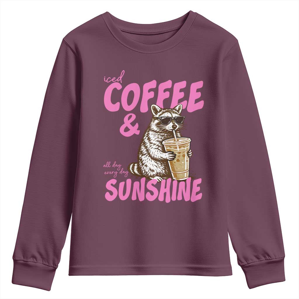 Iced Coffee and Sunshine Youth Sweatshirt Funny Raccoon Summer Coffee Lover Gift