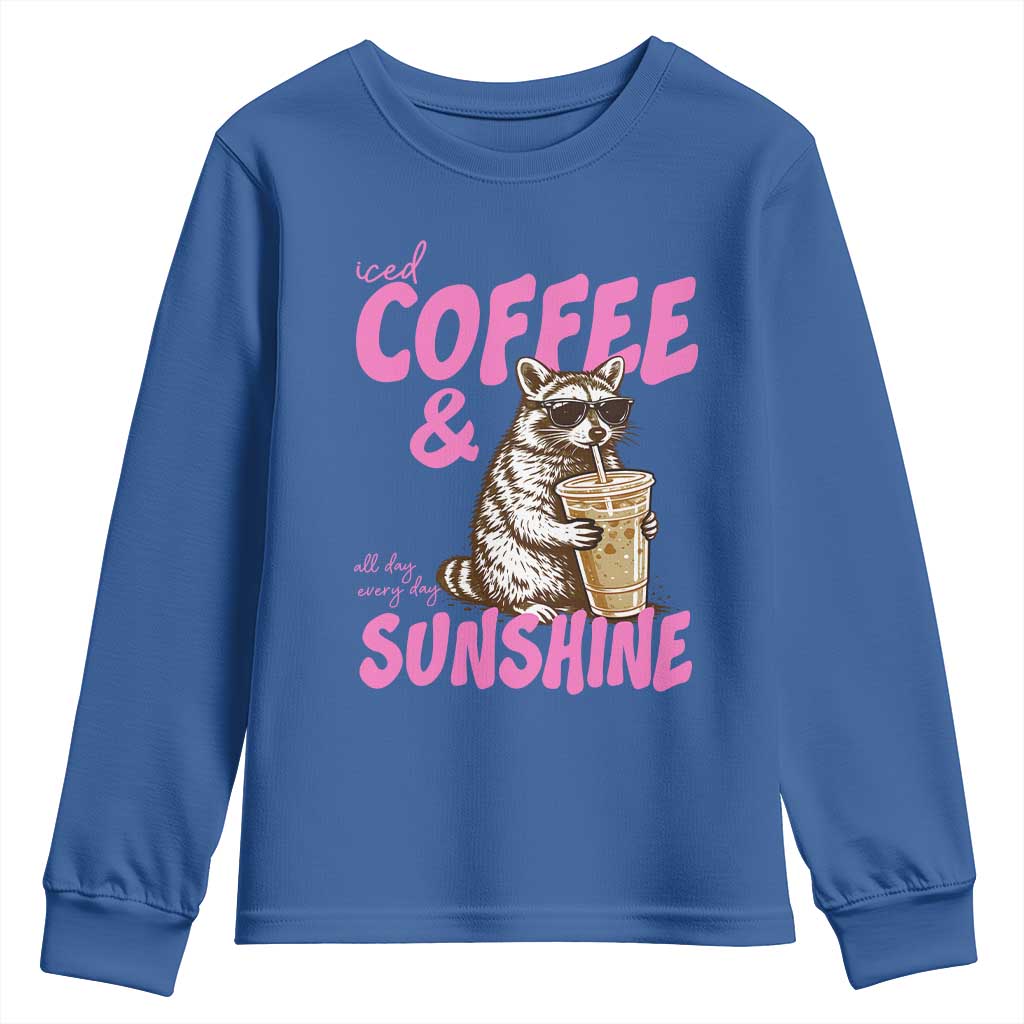 Iced Coffee and Sunshine Youth Sweatshirt Funny Raccoon Summer Coffee Lover Gift
