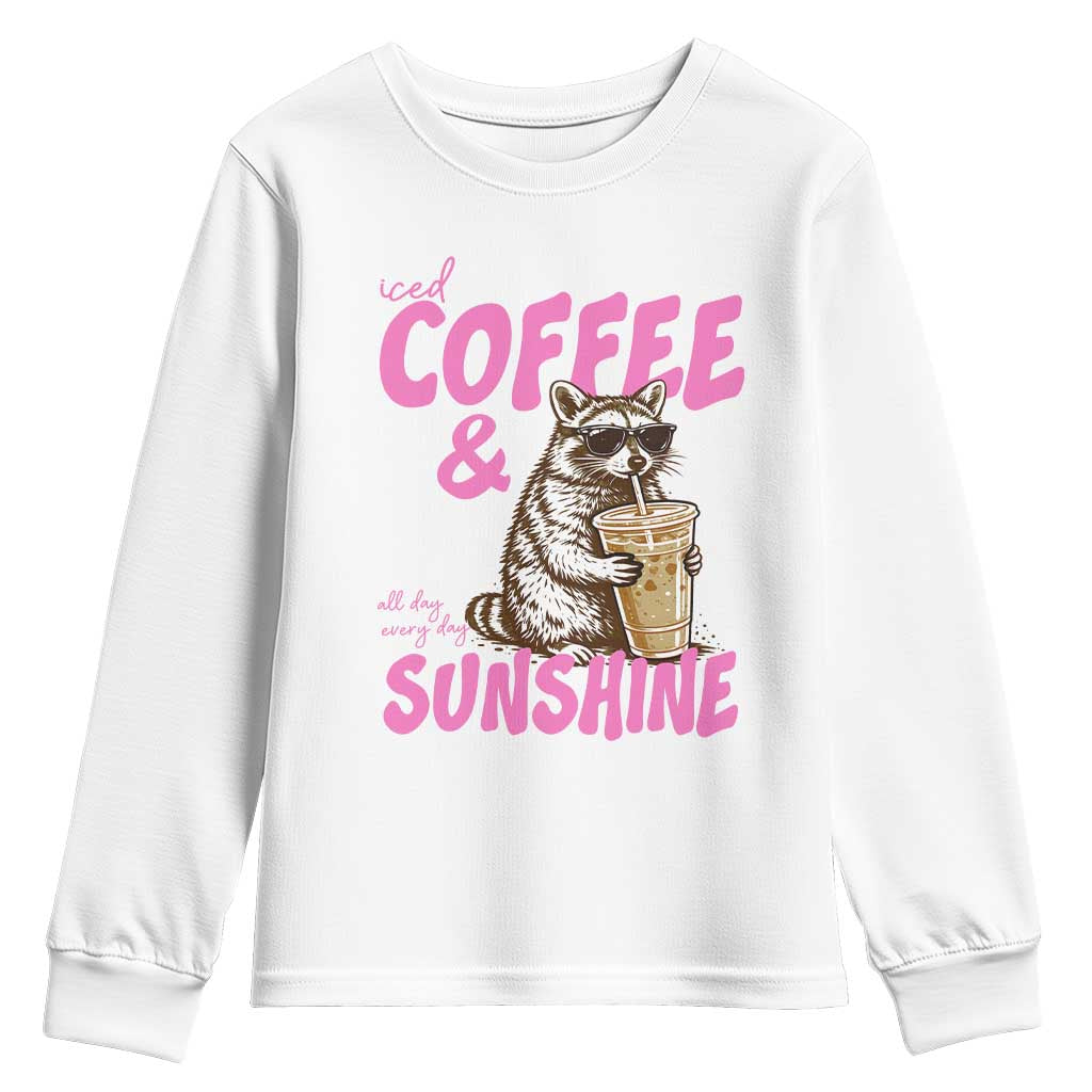 Iced Coffee and Sunshine Youth Sweatshirt Funny Raccoon Summer Coffee Lover Gift