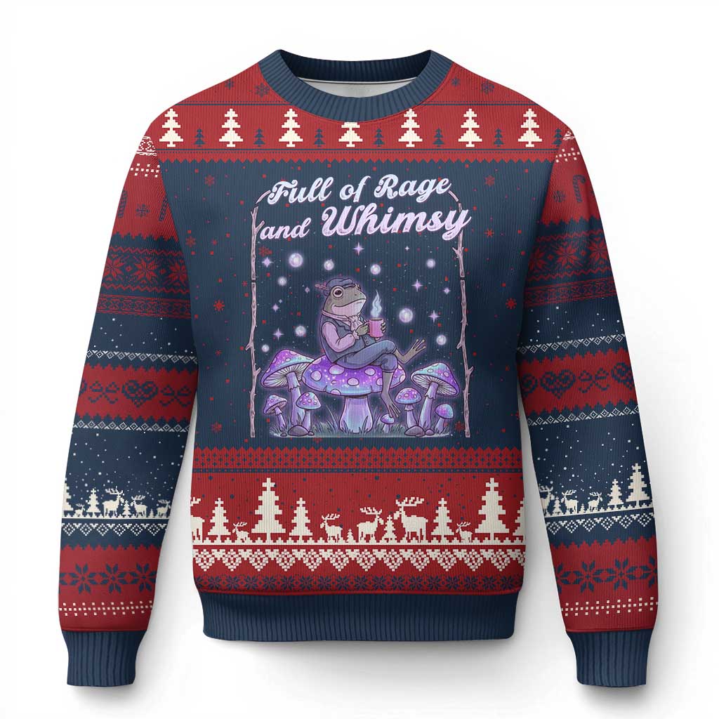 Full of Rage and Whimsy Ugly Christmas Sweater Funny Cottagecore Frog Coffee Whimsical Aesthetic
