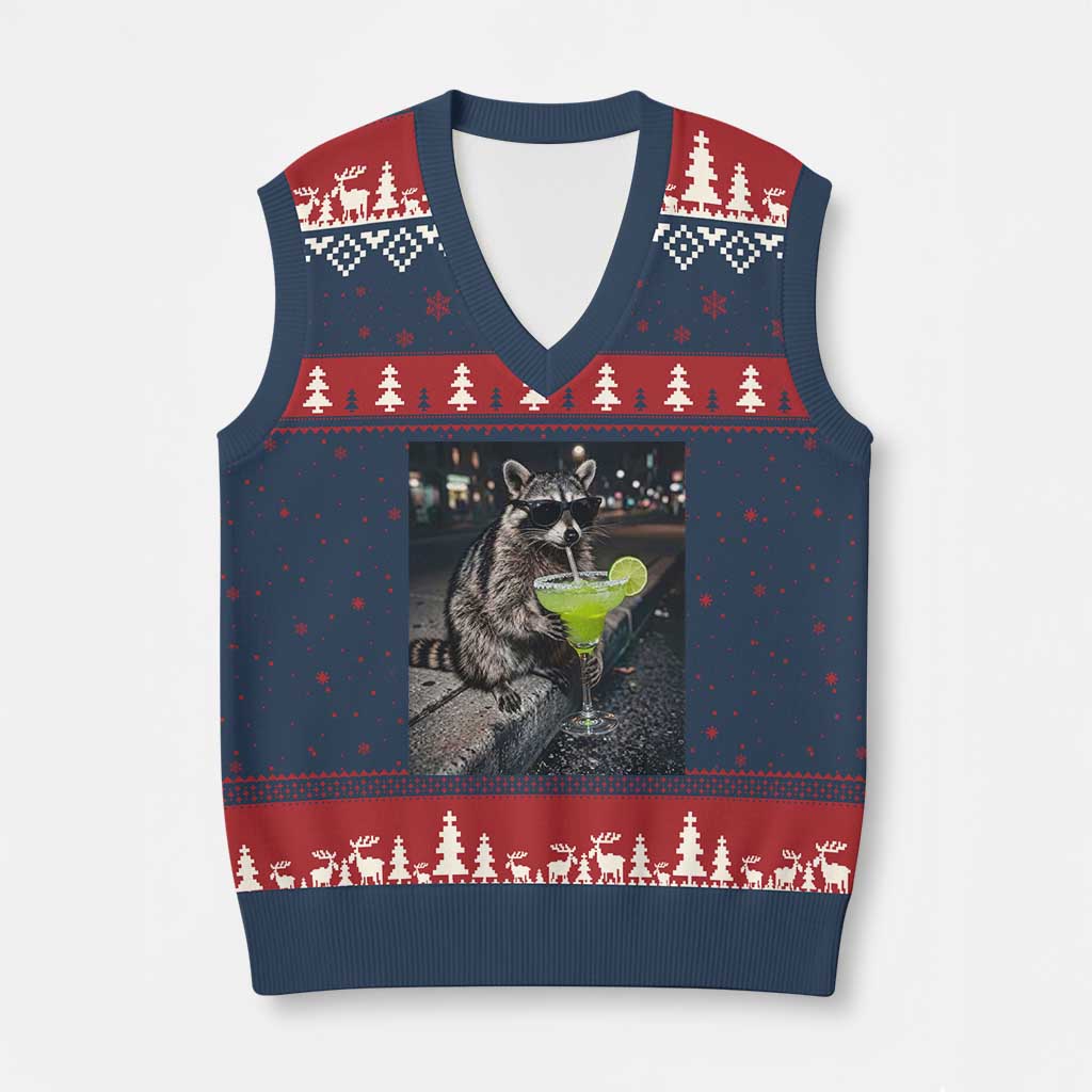Margarita Cocktail V-Neck Knit Sweater Vest Funny Raccoon Mexican Food Meme