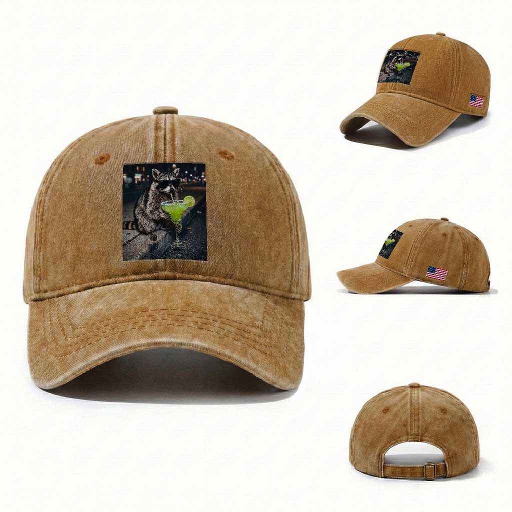 Margarita Cocktail Washed Cotton Baseball Cap Funny Raccoon Mexican Food Meme