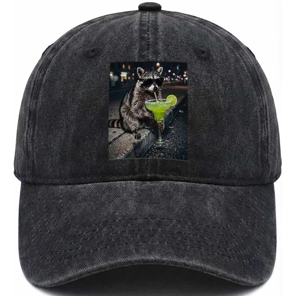 Margarita Cocktail Washed Cotton Baseball Cap Funny Raccoon Mexican Food Meme