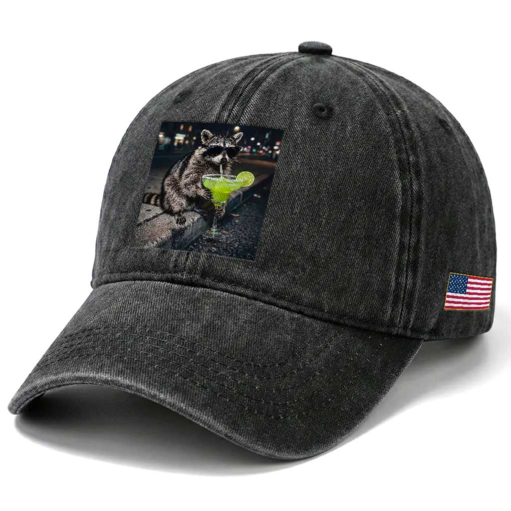 Margarita Cocktail Washed Cotton Baseball Cap Funny Raccoon Mexican Food Meme