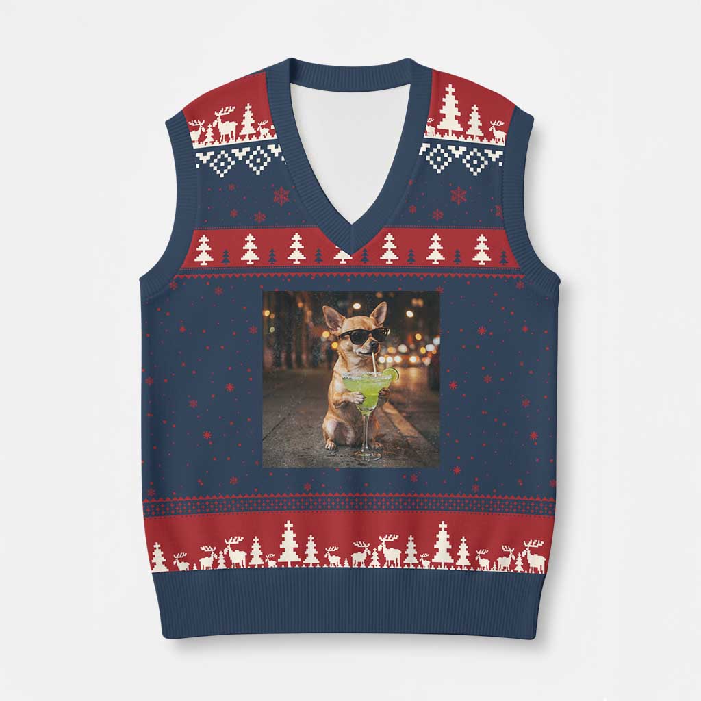 Cinco de Mayo Margarita V-Neck Knit Sweater Vest Funny Chihuahua Drinking Cocktail Mexican Fiesta Gift