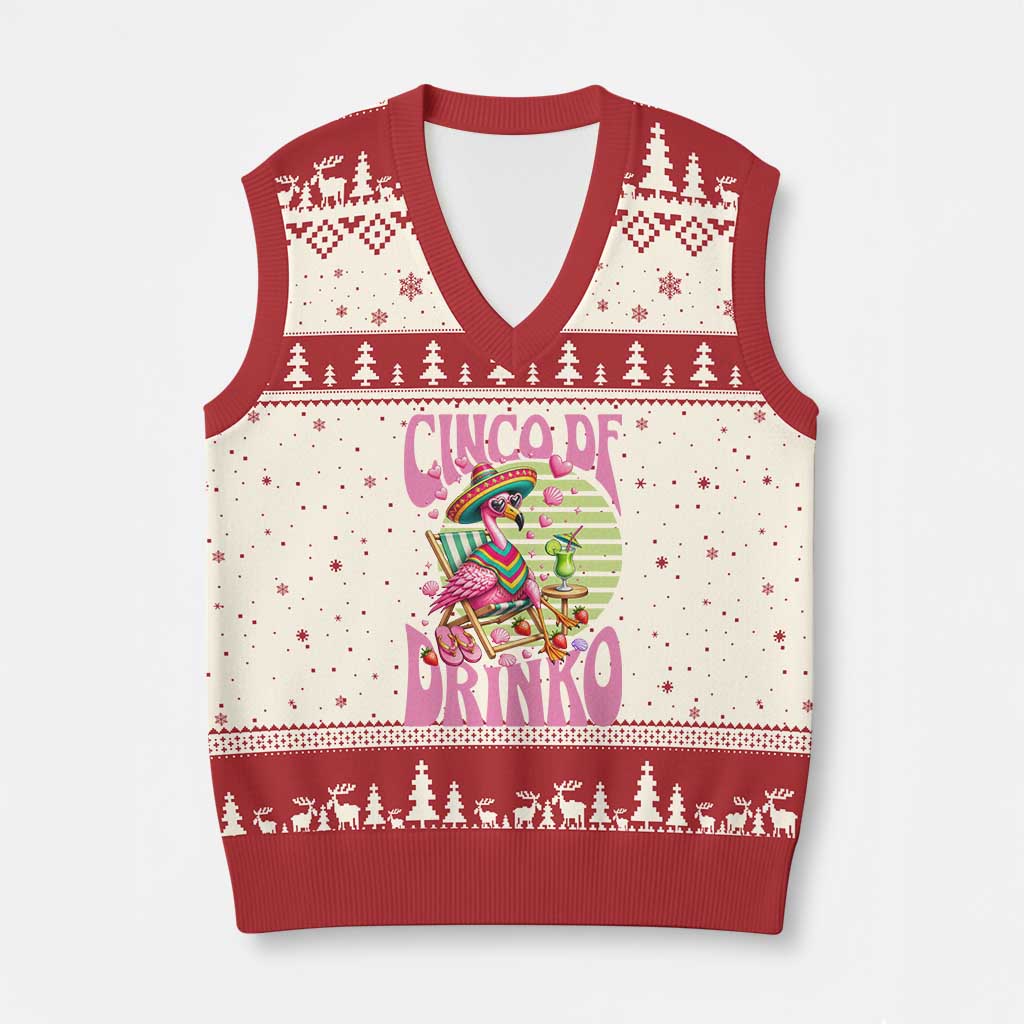 Cinco De Drinko Margarita V-Neck Knit Sweater Vest Funny Flamingo Fiesta