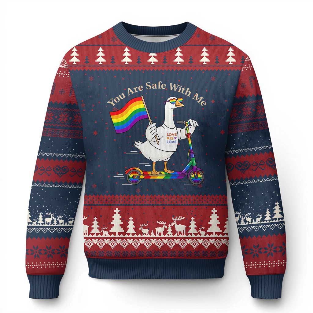 You Are Safe With Me Ugly Christmas Sweater LGBTQ Pride Goose Rainbow