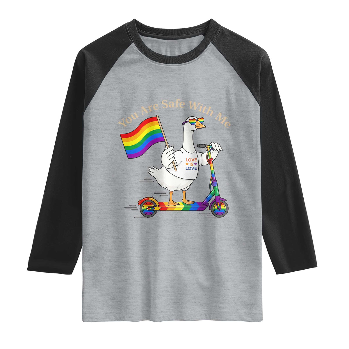 You Are Safe With Me Raglan Shirt LGBTQ Pride Goose Rainbow