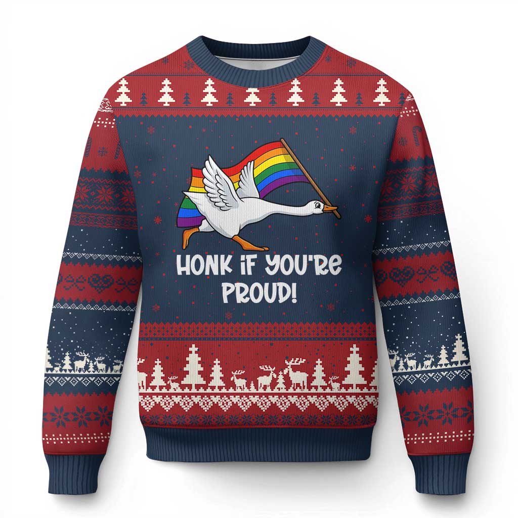 Silly Goose LGBTQ Rainbow Ugly Christmas Sweater Honk If You're Proud