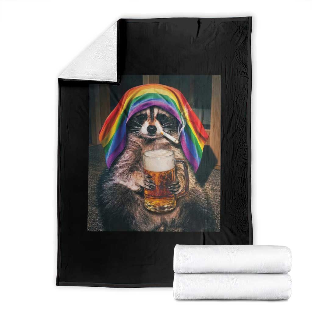 LGBTQ Pride Raccoon Rainbow Flag Throw Blanket Funny Drinking Beer