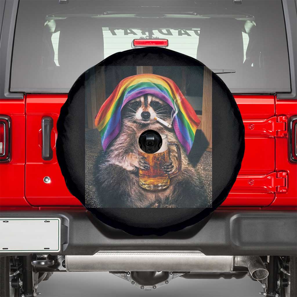 LGBTQ Pride Raccoon Rainbow Flag Spare Tire Cover Funny Drinking Beer