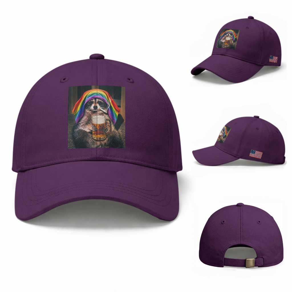 LGBTQ Pride Raccoon Rainbow Flag Baseball Cap Funny Drinking Beer