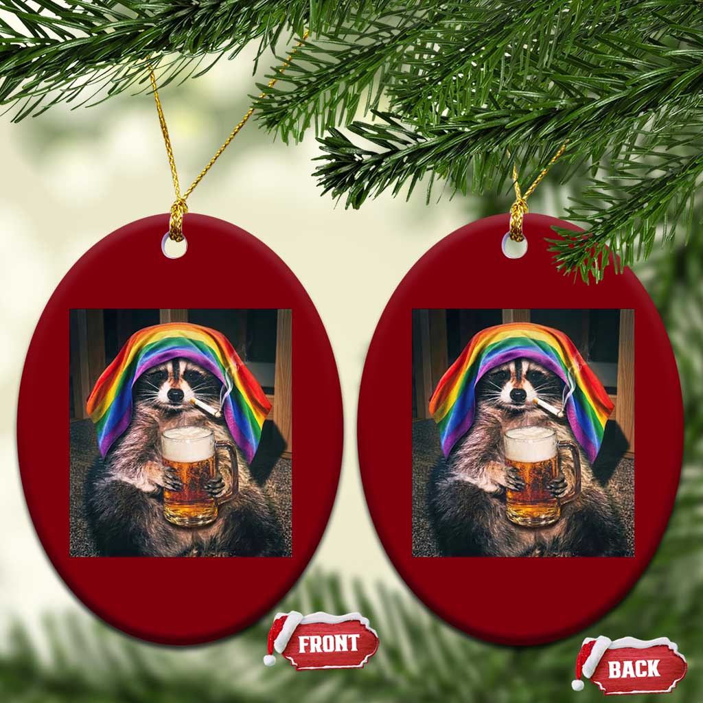 LGBTQ Pride Raccoon Rainbow Flag Ceramic Ornament Funny Drinking Beer
