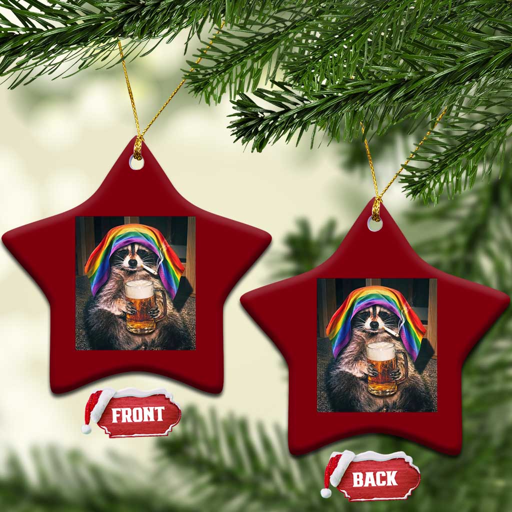 LGBTQ Pride Raccoon Rainbow Flag Ceramic Ornament Funny Drinking Beer