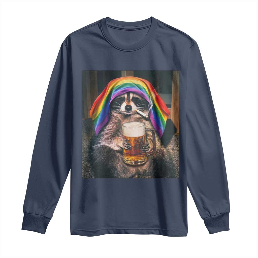 LGBTQ Pride Raccoon Rainbow Flag Long Sleeve Shirt Funny Drinking Beer