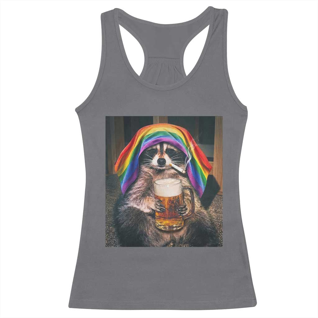 LGBTQ Pride Raccoon Rainbow Flag Racerback Tank Top Funny Drinking Beer