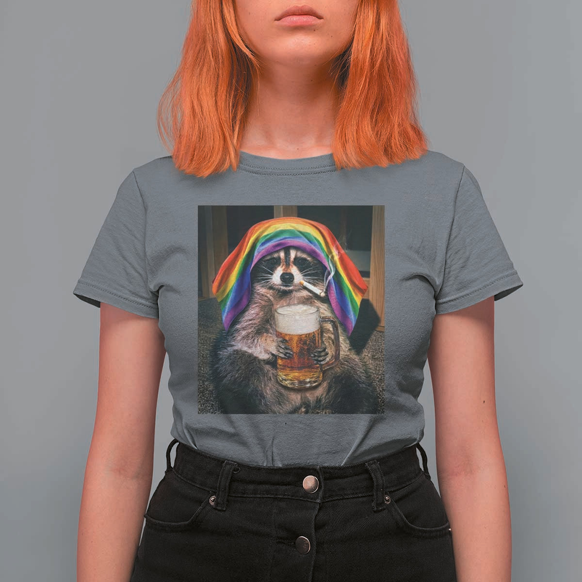 LGBTQ Pride Raccoon Rainbow Flag T Shirt For Women Funny Drinking Beer