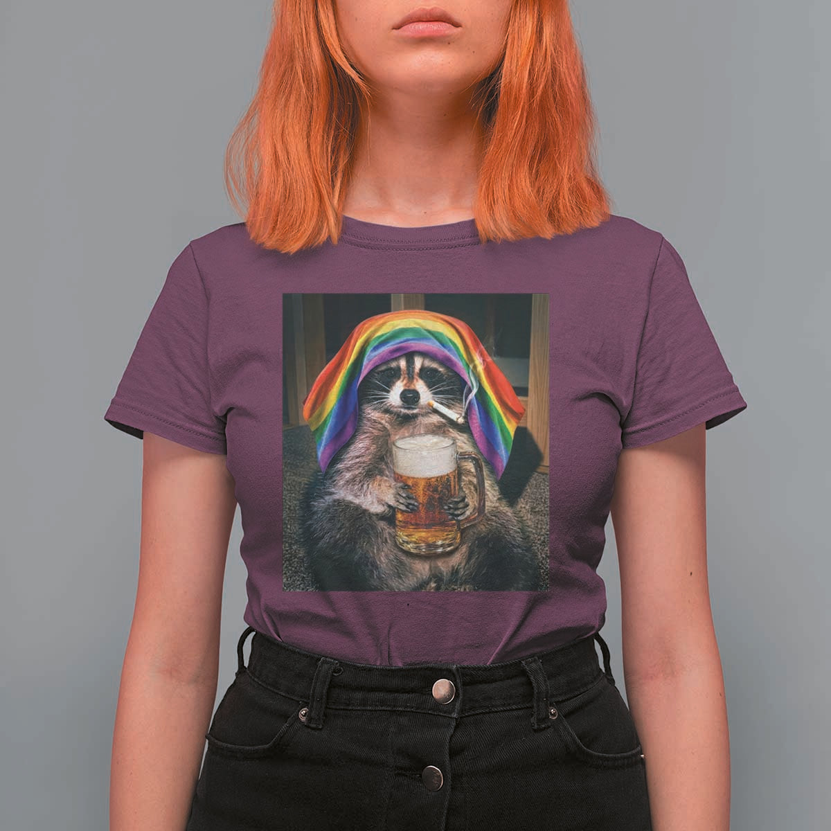 LGBTQ Pride Raccoon Rainbow Flag T Shirt For Women Funny Drinking Beer