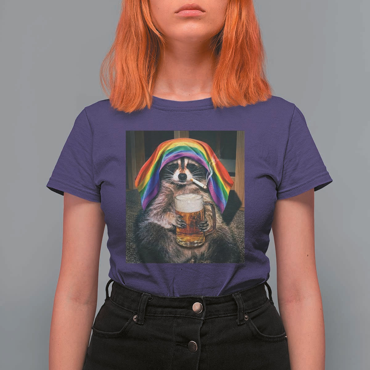 LGBTQ Pride Raccoon Rainbow Flag T Shirt For Women Funny Drinking Beer