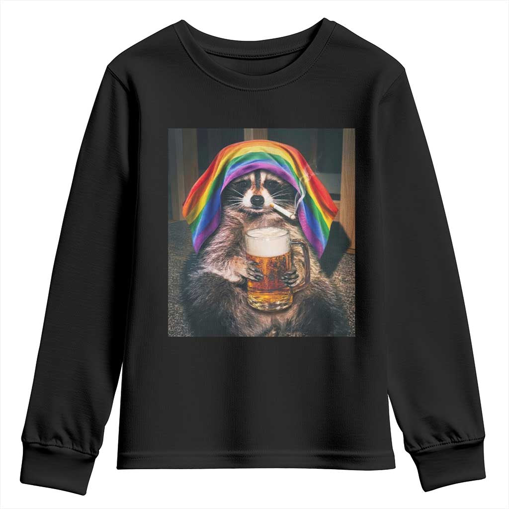 LGBTQ Pride Raccoon Rainbow Flag Youth Sweatshirt Funny Drinking Beer
