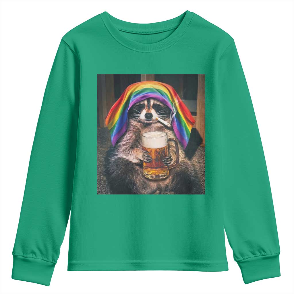 LGBTQ Pride Raccoon Rainbow Flag Youth Sweatshirt Funny Drinking Beer