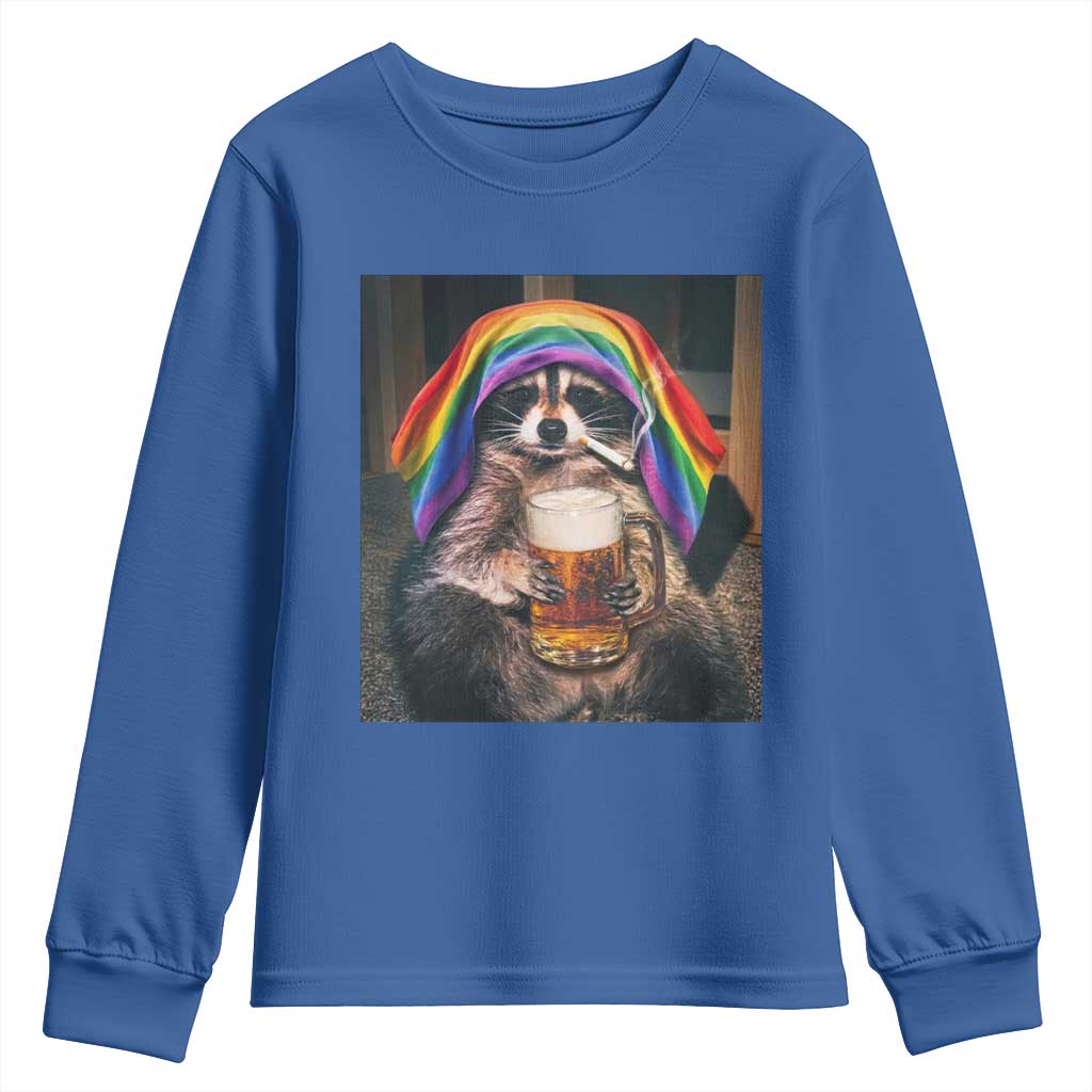 LGBTQ Pride Raccoon Rainbow Flag Youth Sweatshirt Funny Drinking Beer