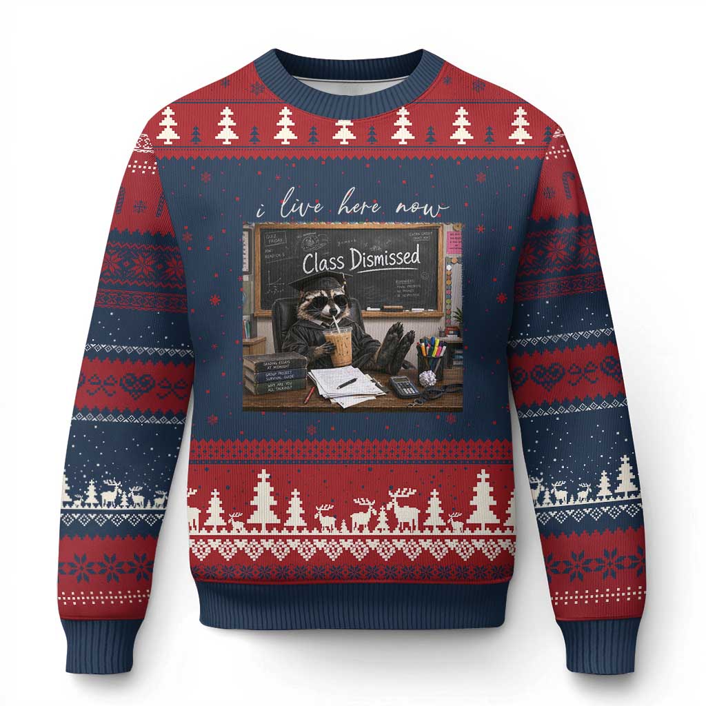 Funny Raccoon Graduation Ugly Christmas Sweater I Live Here Now
