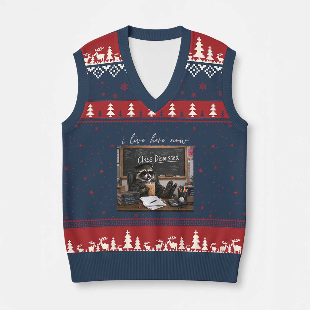 Funny Raccoon Graduation V-Neck Knit Sweater Vest I Live Here Now