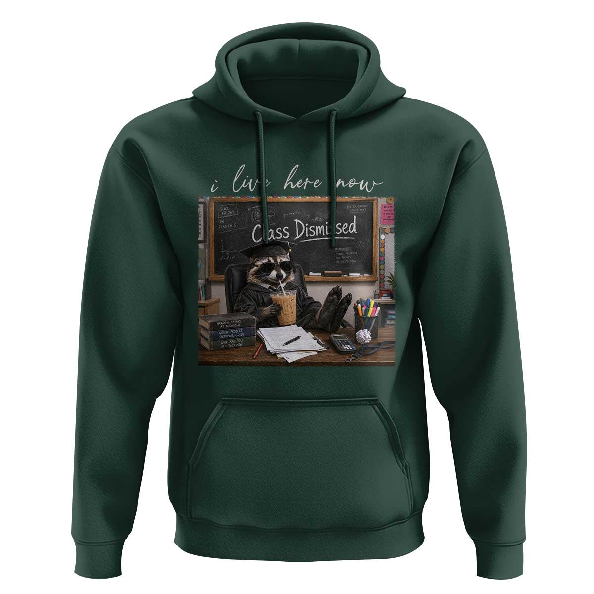 Funny Raccoon Graduation Hoodie I Live Here Now