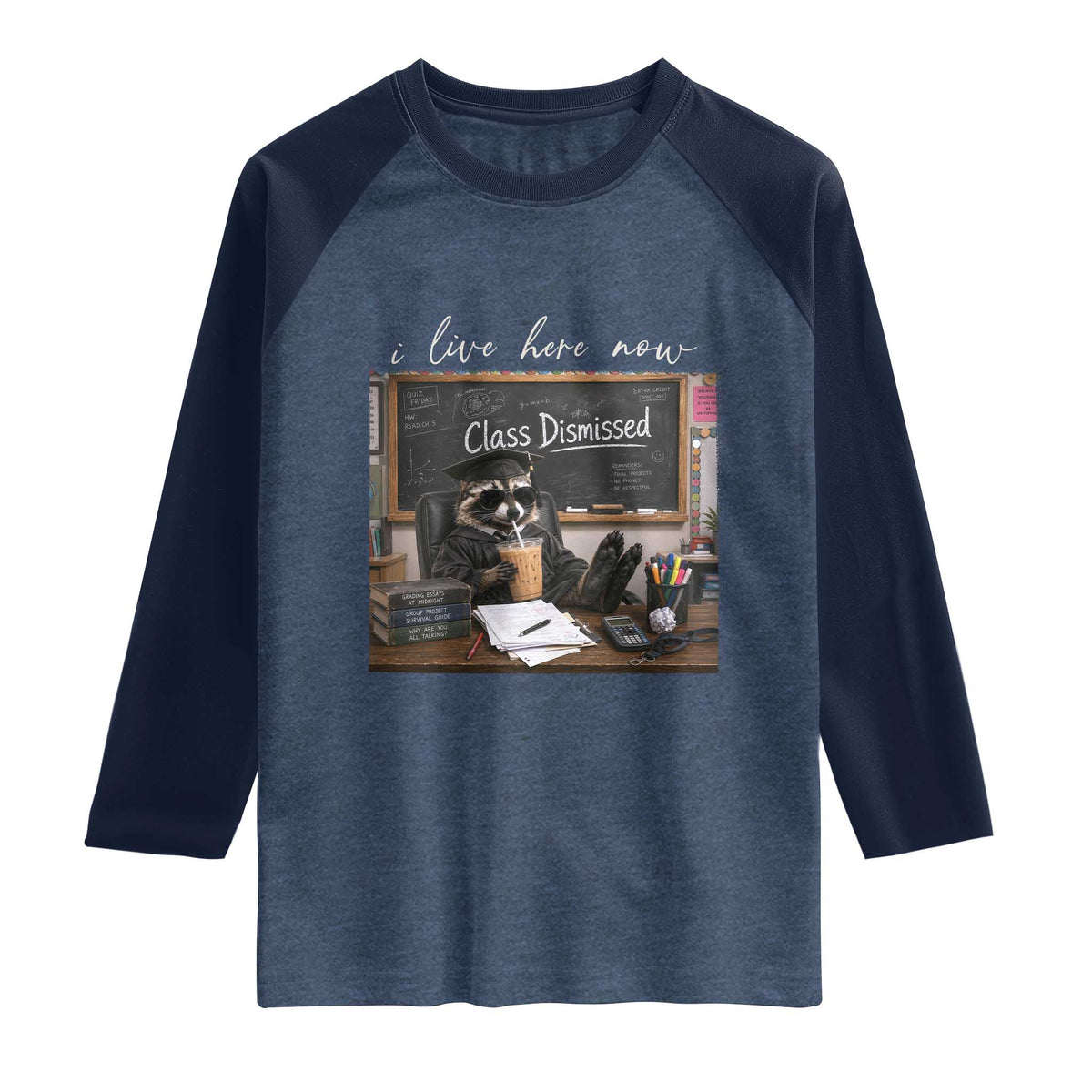 Funny Raccoon Graduation Raglan Shirt I Live Here Now