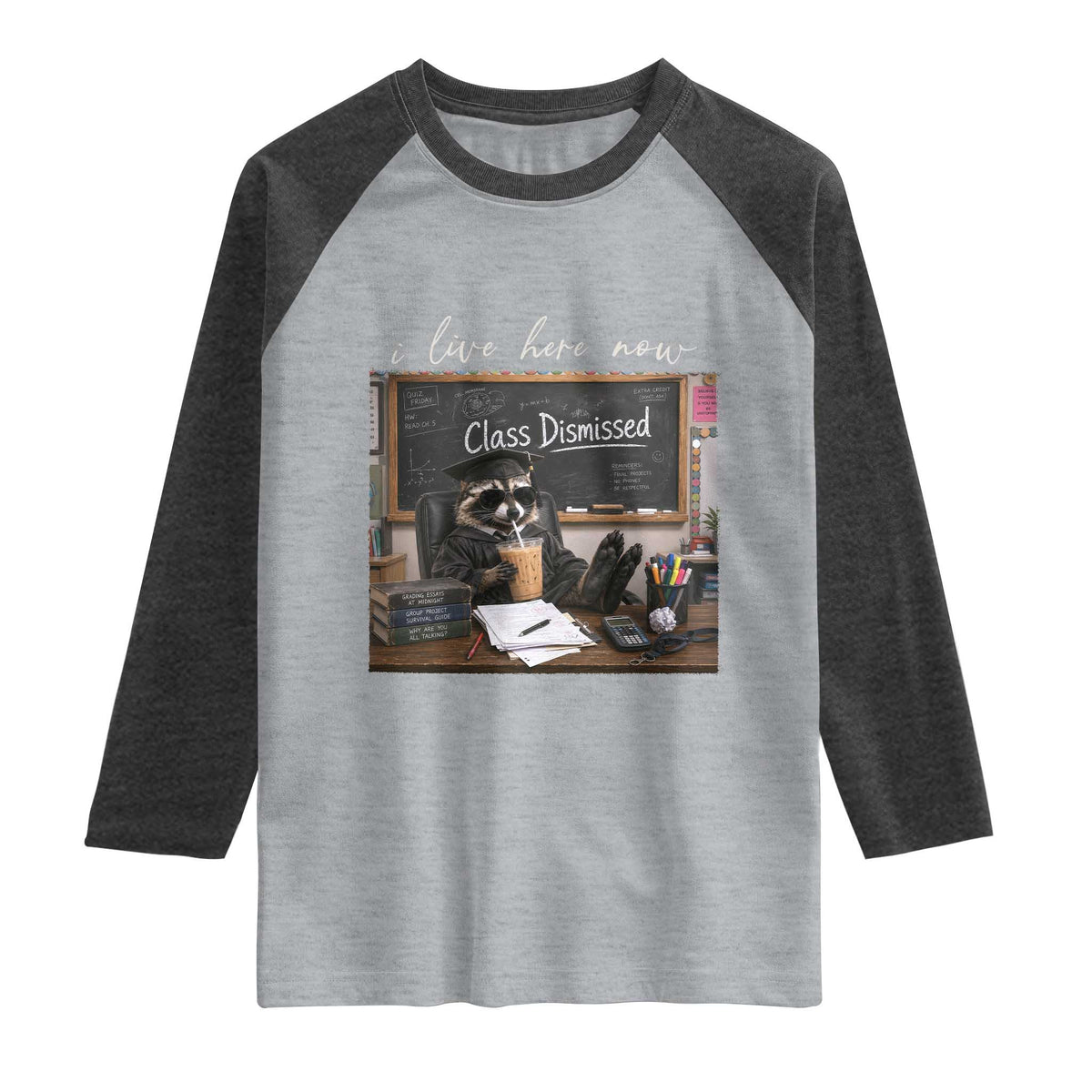 Funny Raccoon Graduation Raglan Shirt I Live Here Now