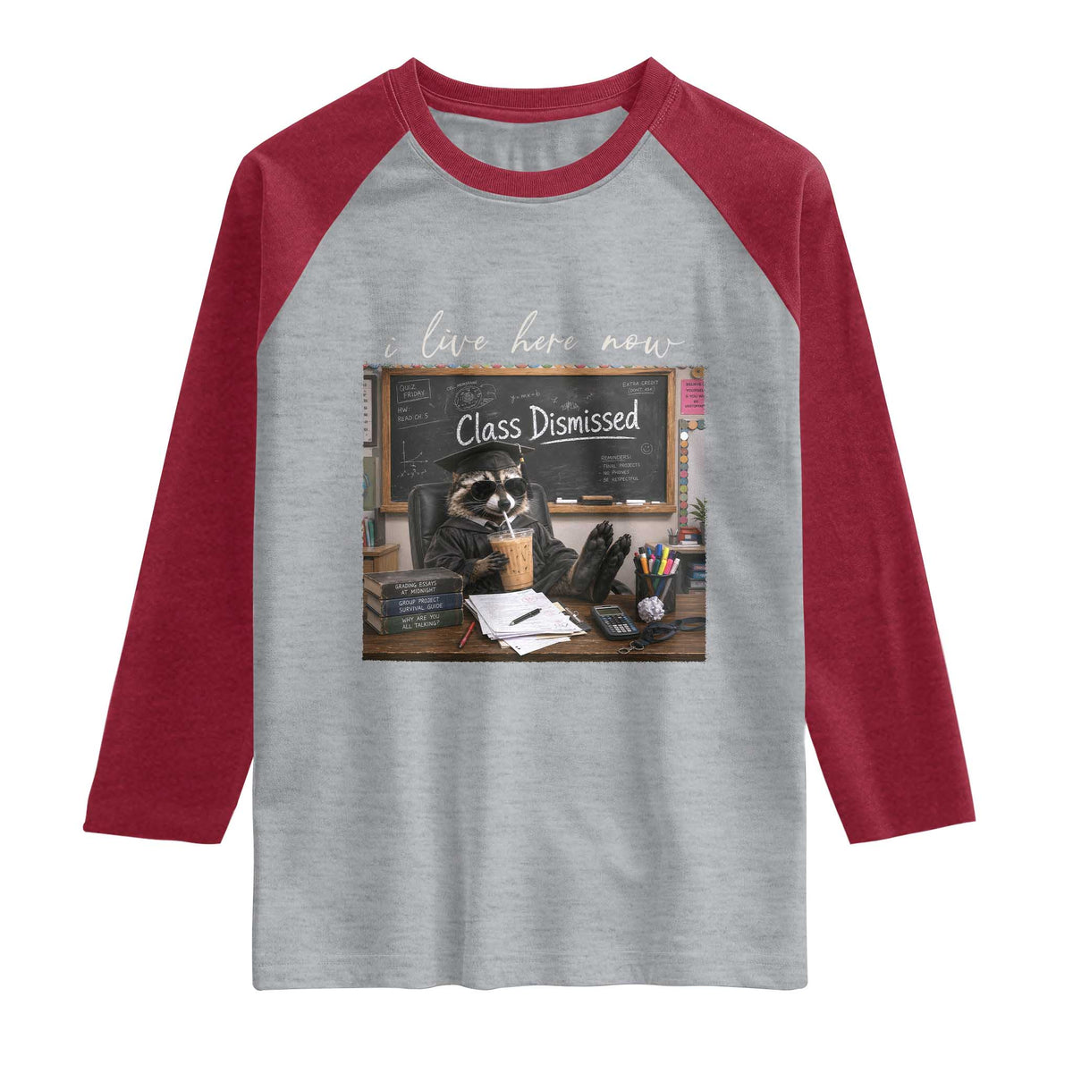 Funny Raccoon Graduation Raglan Shirt I Live Here Now