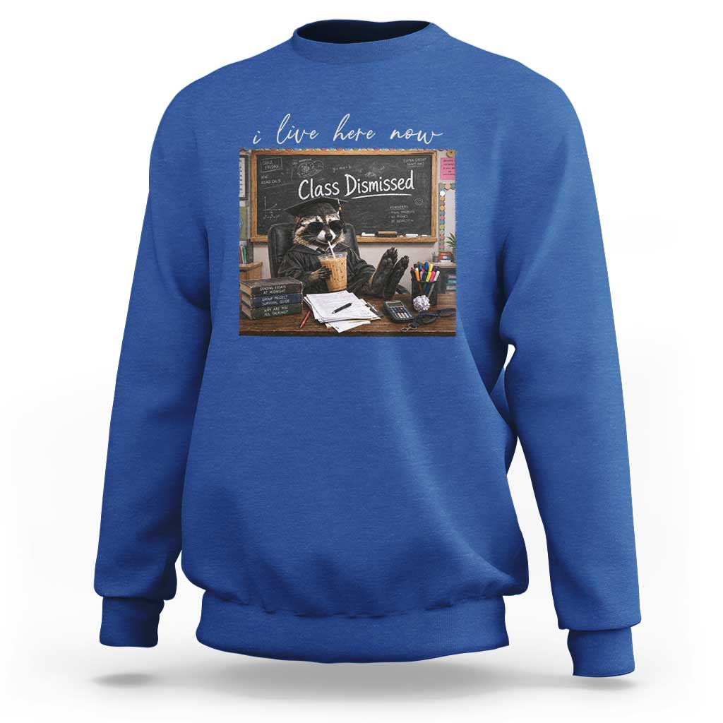 Funny Raccoon Graduation Sweatshirt I Live Here Now