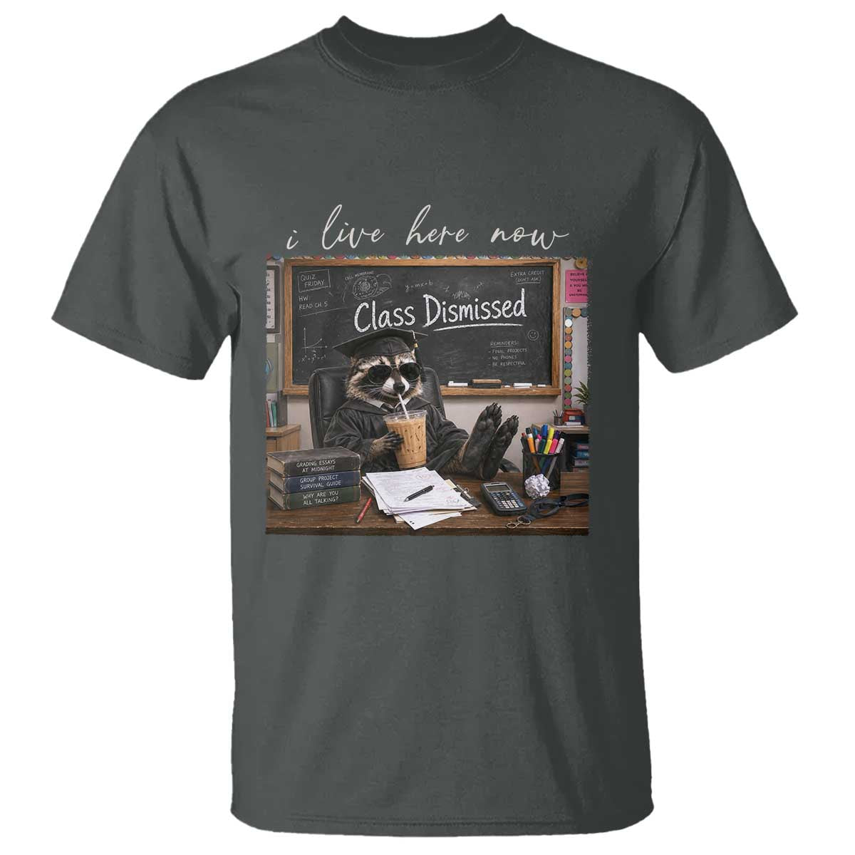 Funny Raccoon Graduation T Shirt I Live Here Now