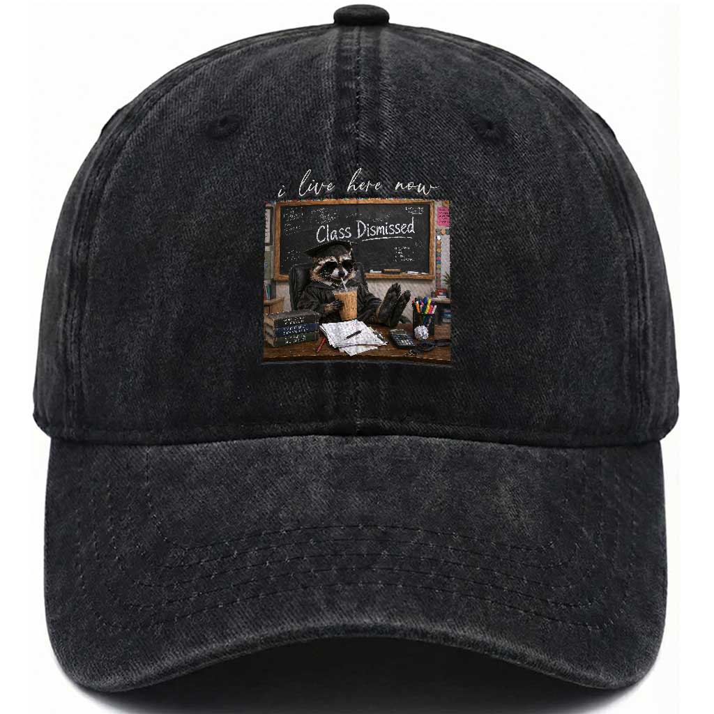 Funny Raccoon Graduation Washed Cotton Baseball Cap I Live Here Now