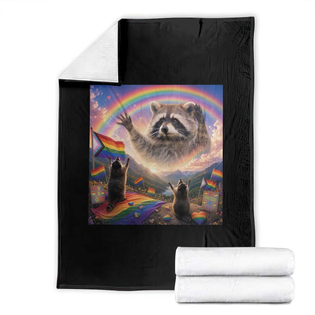 LGBTQ Pride Raccoon Rainbow Flag Throw Blanket Two Raccoons Howling to The Rainbow