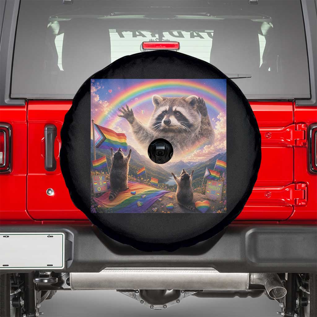 LGBTQ Pride Raccoon Rainbow Flag Spare Tire Cover Two Raccoons Howling to The Rainbow