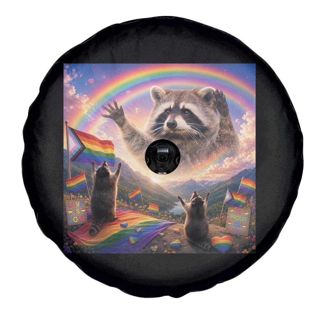 LGBTQ Pride Raccoon Rainbow Flag Spare Tire Cover Two Raccoons Howling to The Rainbow