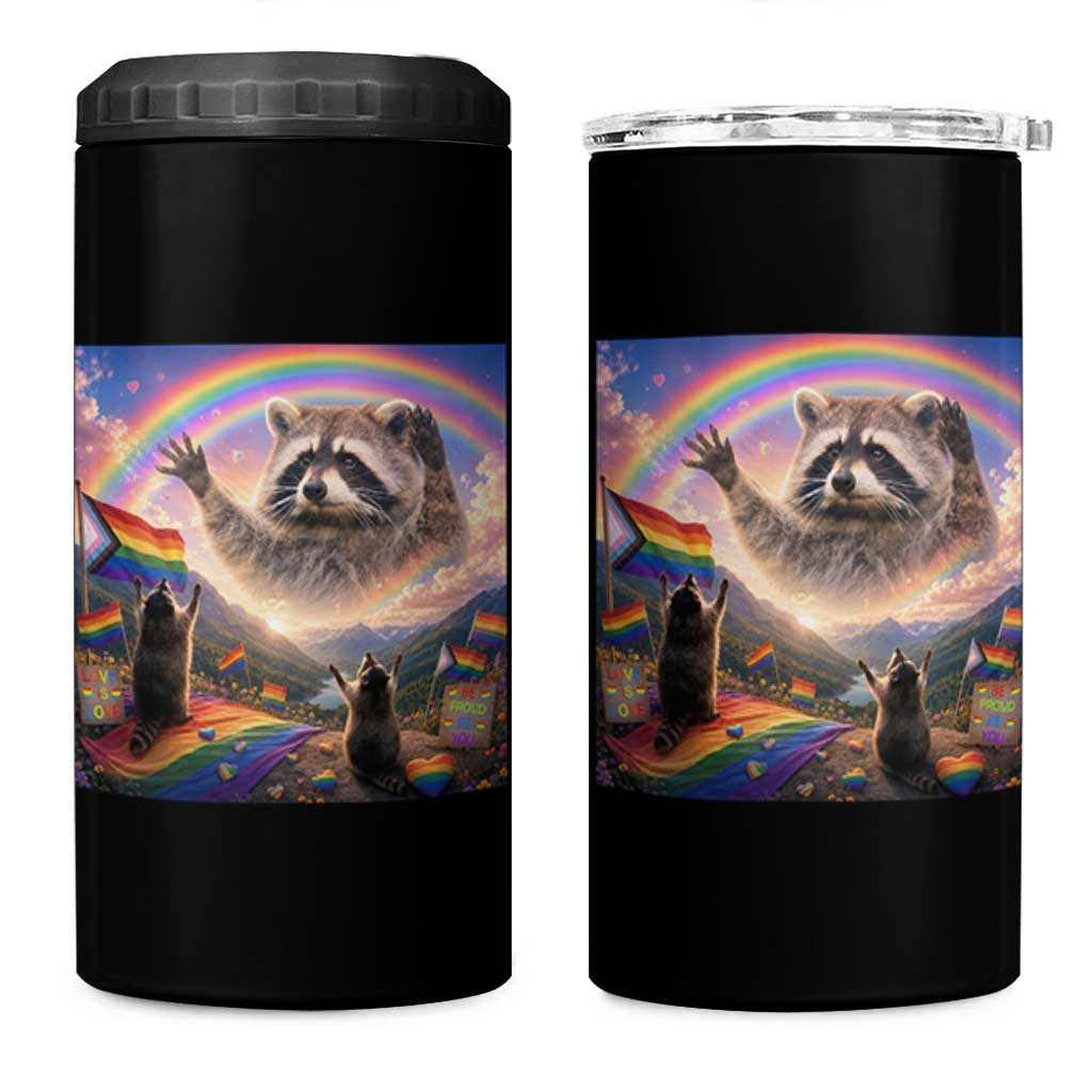 LGBTQ Pride Raccoon Rainbow Flag 4 in 1 Can Cooler Tumbler Two Raccoons Howling to The Rainbow