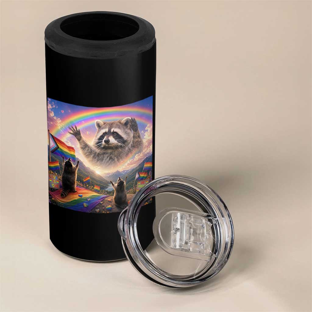 LGBTQ Pride Raccoon Rainbow Flag 4 in 1 Can Cooler Tumbler Two Raccoons Howling to The Rainbow